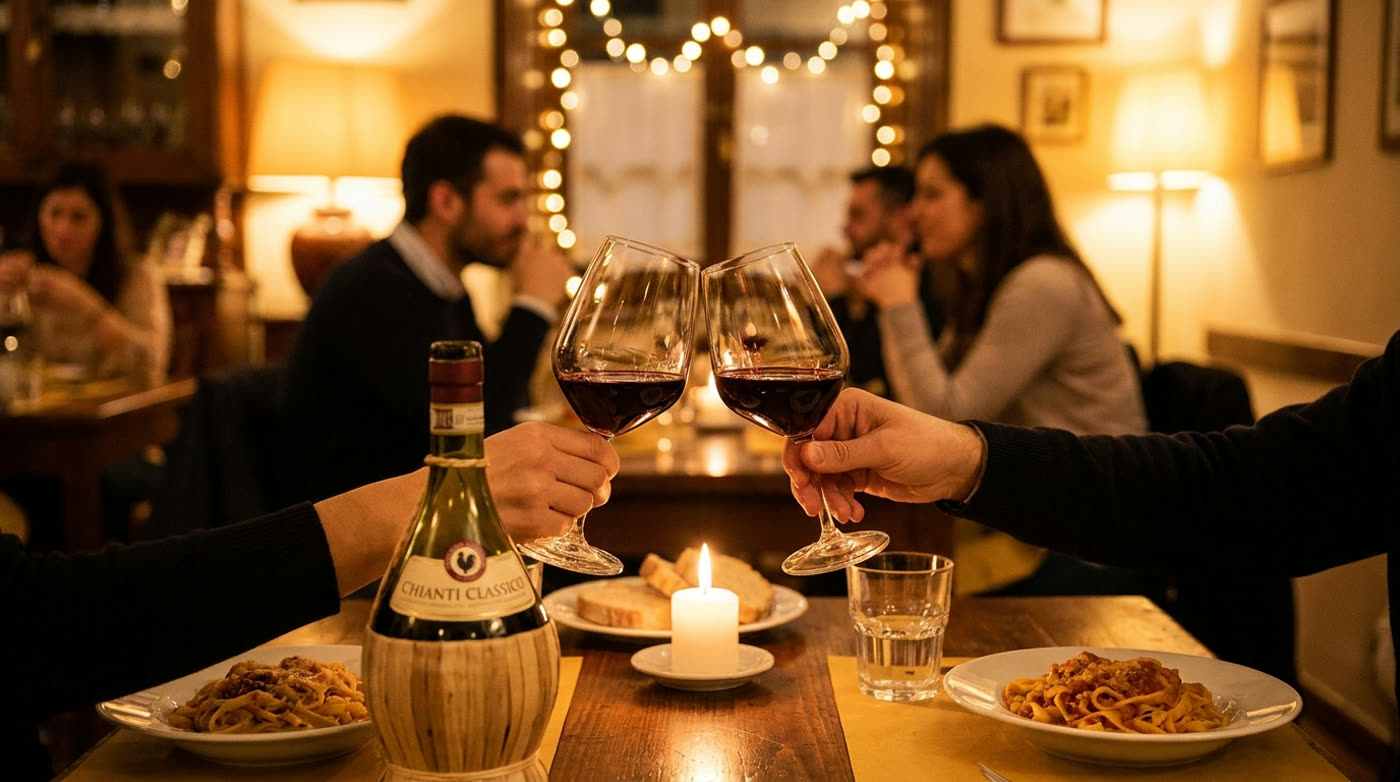 Zwei Gläser Rotwein bei Kerzenschein